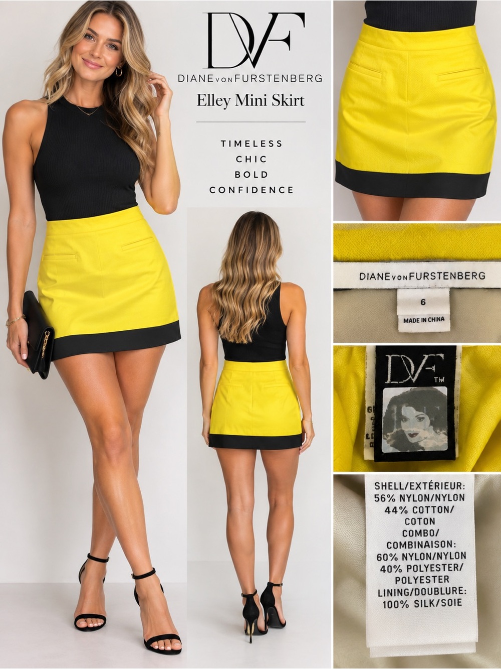 Diane von Furstenberg Yellow Mini Skirt with Black Hem